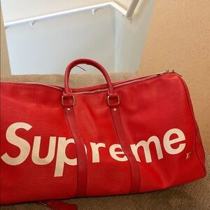 Red Louis Vuitton X Supreme Travel Duffle Bag